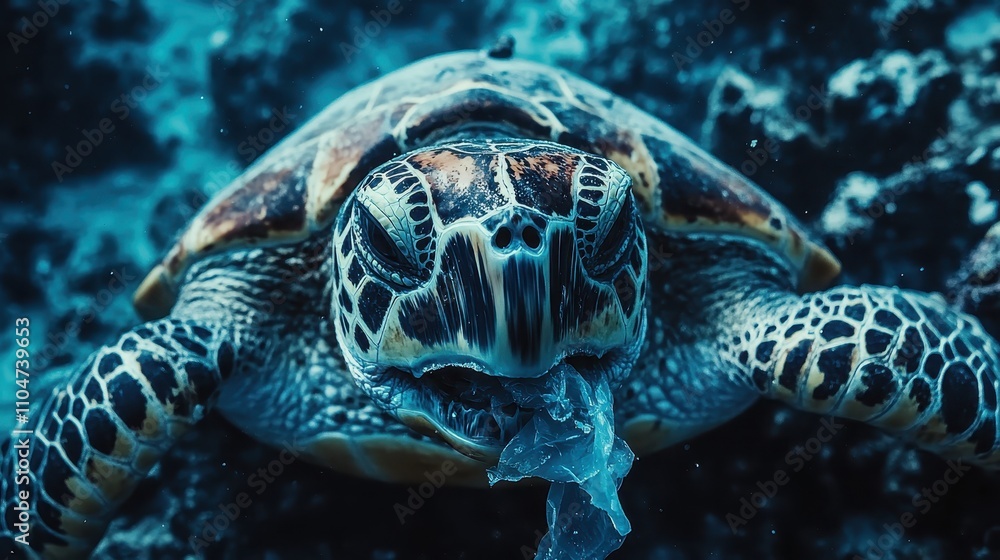 Fototapeta premium Closeup of a sea turtle struggling with a plastic bag wrapped around its neck