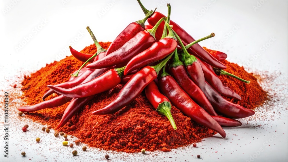 Surreal Composition of Vibrant Red Chili Powder and Whole Pepper Pods Isolated on a White Background for Spice and Flavor Imagery Surreal Composition of Vibrant Red Chili Powder and Whole Pepper Pods Isolated on a White Background for Spice and Flavor Imagery