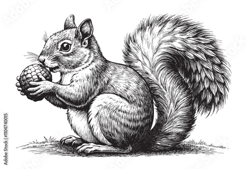 squirrel with acorn sketch hand dawn drawing vector illustration