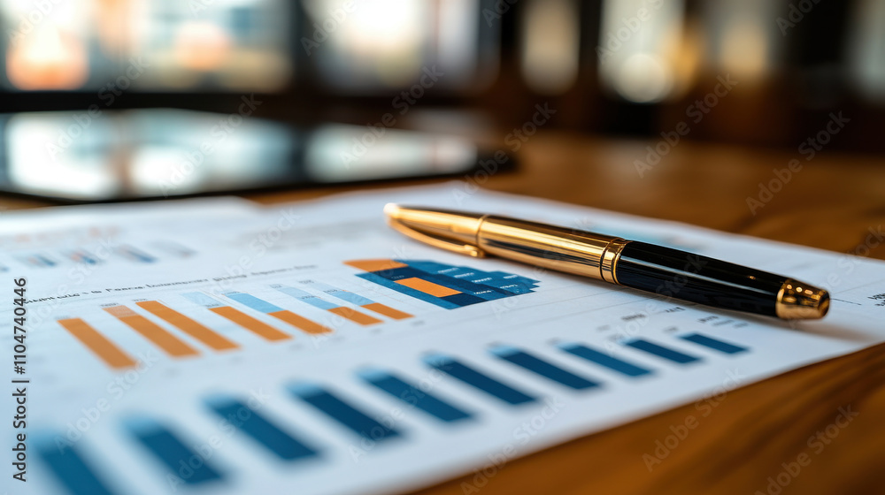 Analyzing financial data with graphs and pen on wooden desk Analyzing financial data with graphs and pen on wooden desk