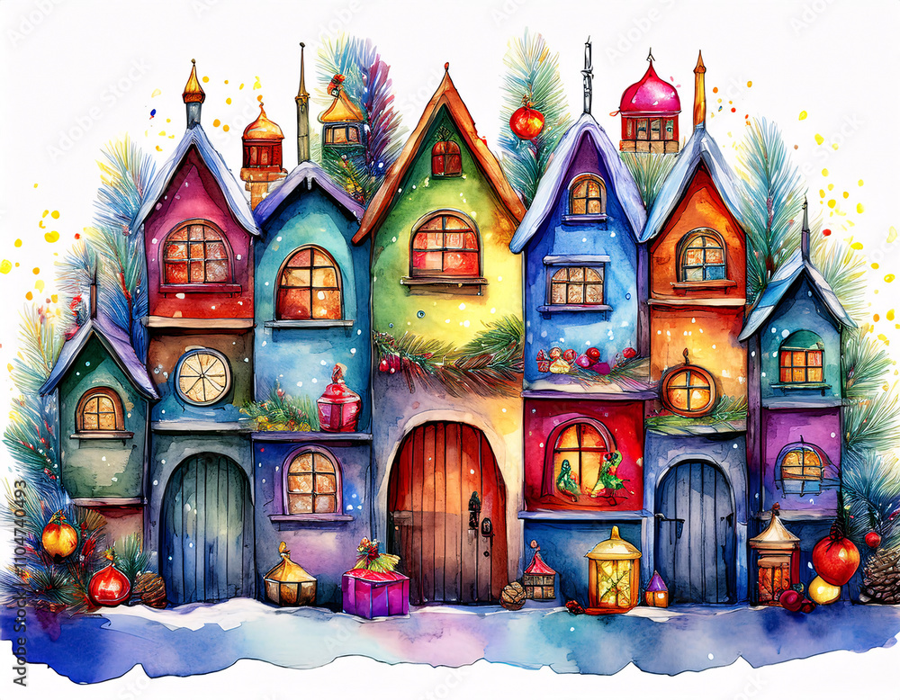 A row of colorful houses with pointed roofs, decorated with Christmas lights and ornaments A row of colorful houses with pointed roofs, decorated with Christmas lights and ornaments