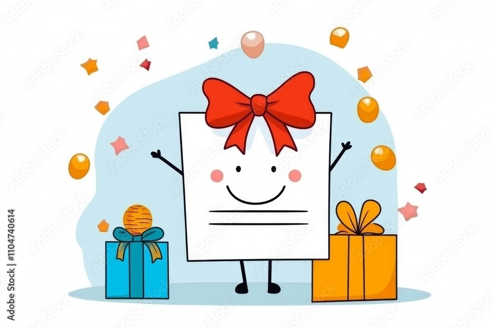 A flat 2D cartoon illustration of a certificate with a smiling ribbon icon, designed in playful pastel colors on a white canvas A flat 2D cartoon illustration of a certificate with a smiling ribbon icon, designed in playful pastel colors on a white canvas