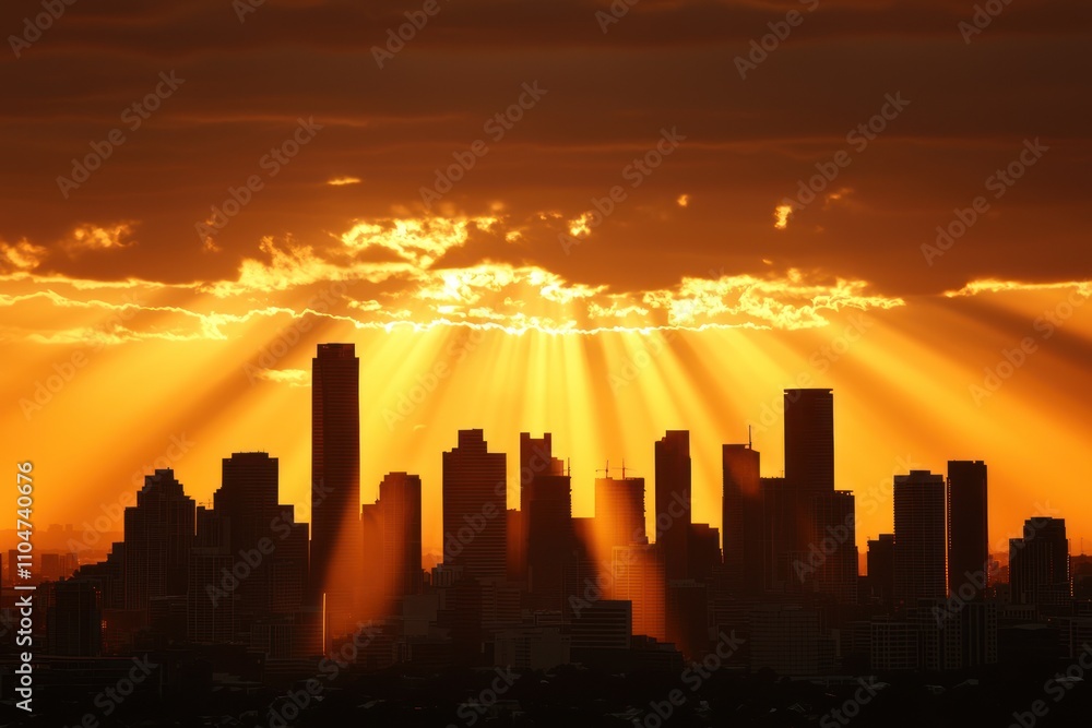 Naklejka premium A stunning sunset casts rays of light over a city skyline, creating a dramatic silhouette against the colorful sky.