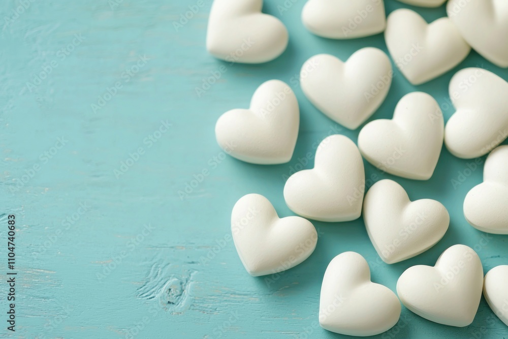 Fototapeta premium A collection of white heart-shaped candies scattered on a turquoise surface, evoking feelings of love and sweetness.