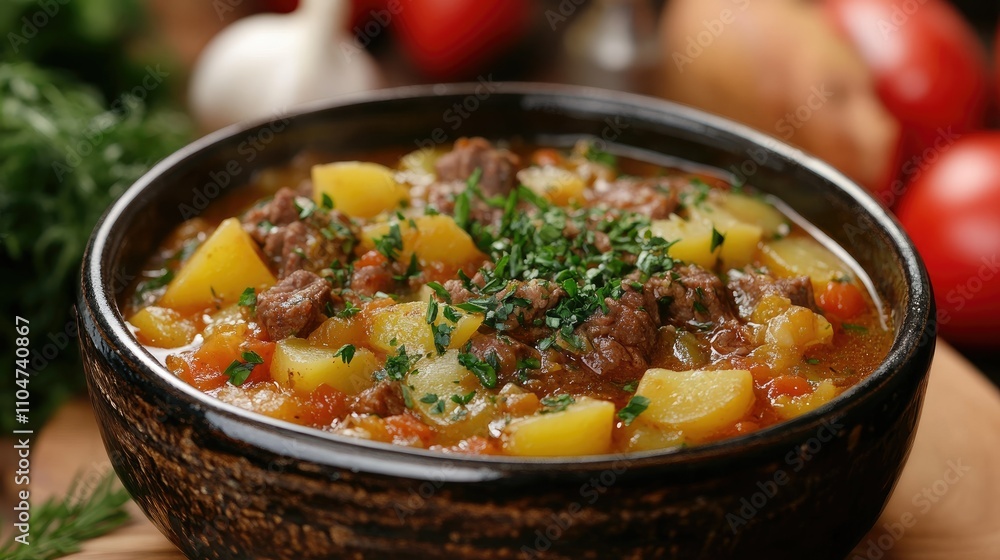 A hearty bowl of stew with potatoes and beef, garnished with herbs. A hearty bowl of stew with potatoes and beef, garnished with herbs.