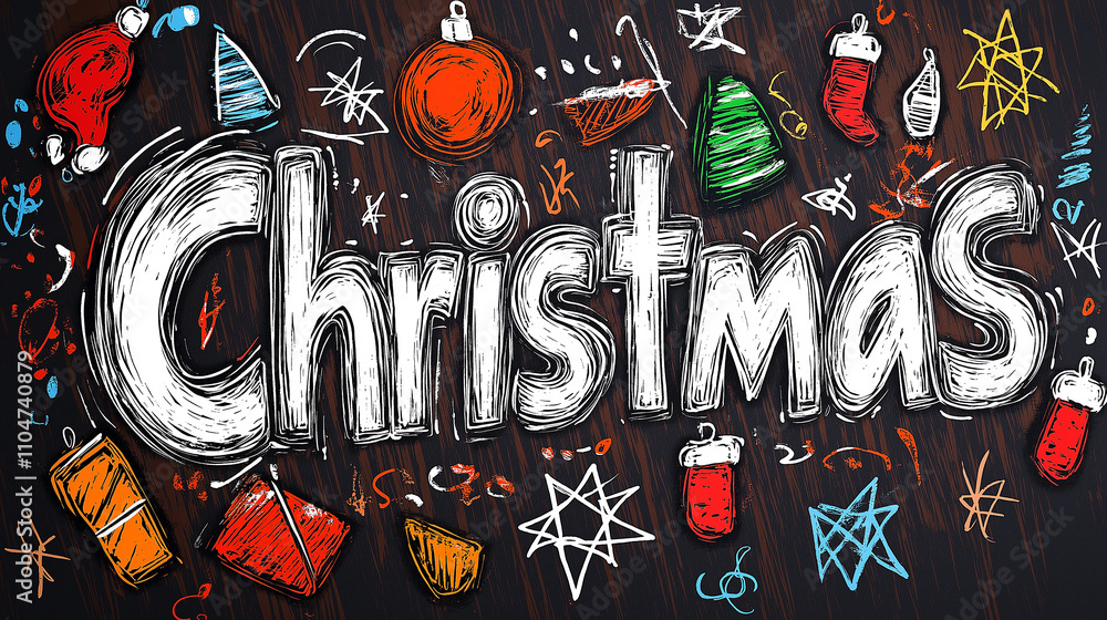 Obraz premium Christmas background, Hand-Drawn Festive Decorations: Retro Market Vibes