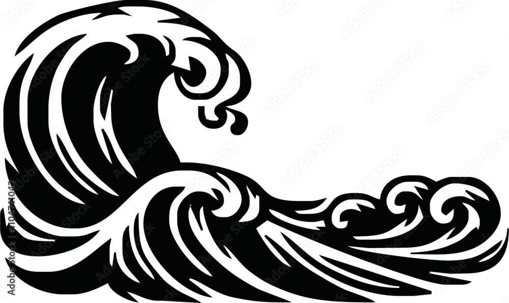 Fototapeta premium Sea Wave black Silhouette Clip art, Ocean Wave Silhouette Vector