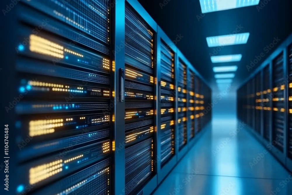 A futuristic server room with rows of glowing servers processing data bytes, casting a cool blue light A futuristic server room with rows of glowing servers processing data bytes, casting a cool blue light