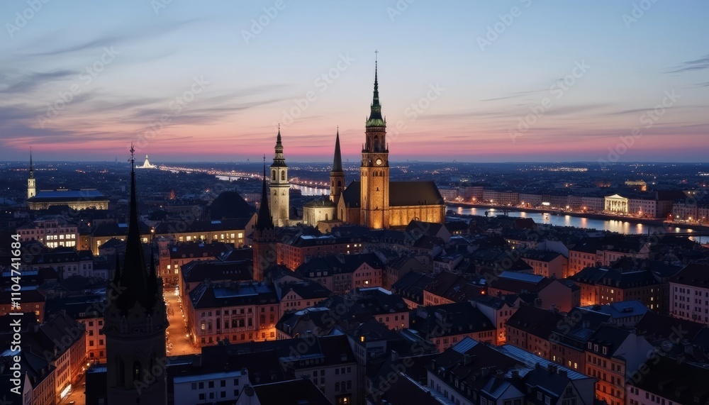 Obraz premium Glowing cityscape at dusk with historic buildings and river