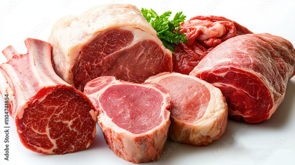 Fresh beef cuts with marbling, showcasing premium quality and variety Fresh beef cuts with marbling, showcasing premium quality and variety