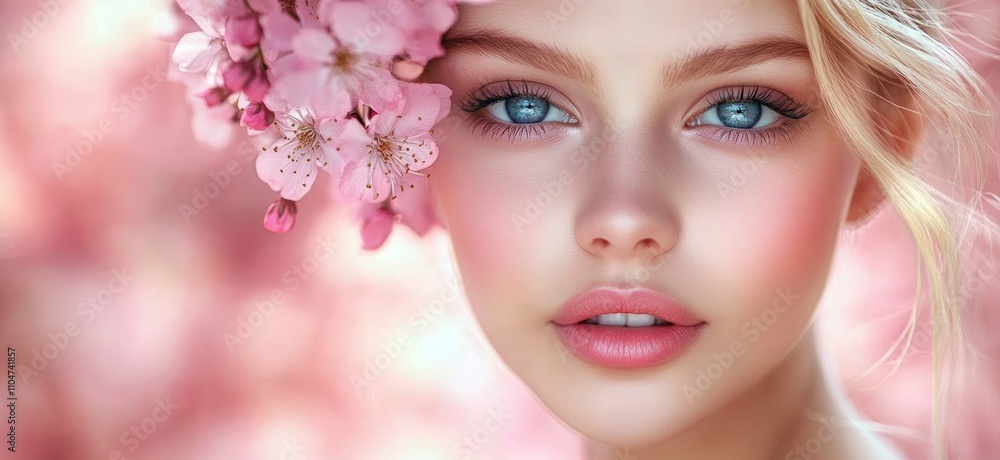 Beautiful Young Woman Surrounded by Pink Cherry Blossoms in Soft Focus Portrait Beautiful Young Woman Surrounded by Pink Cherry Blossoms in Soft Focus Portrait