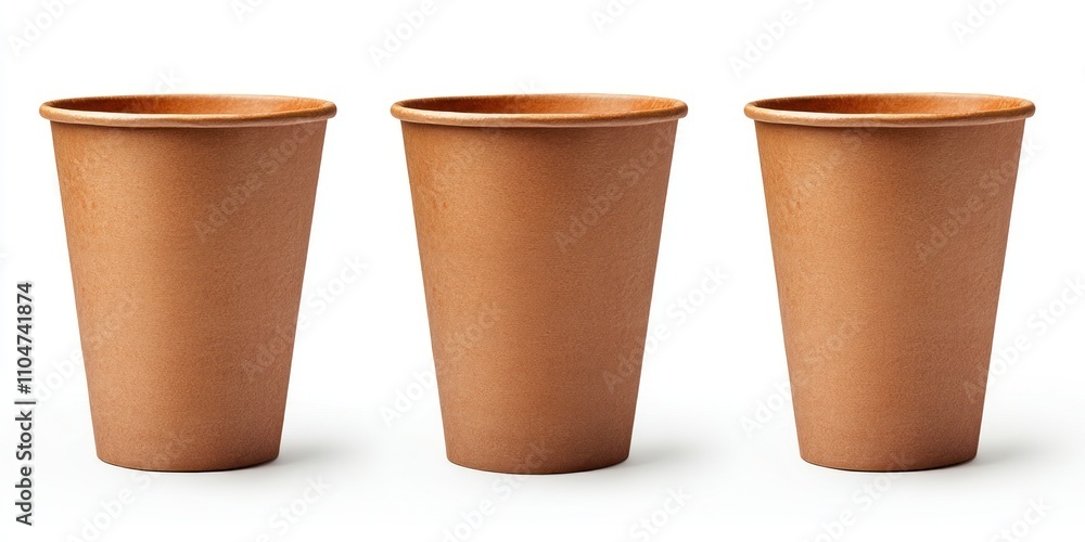 Three brown paper cups on white background. Three brown paper cups on white background.