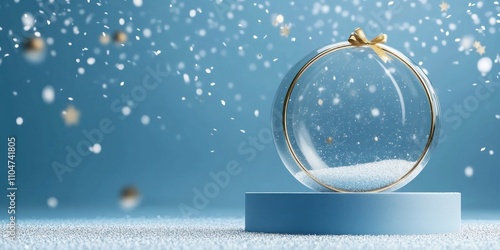 Glass snow globe with gold ribbon on blue podium.