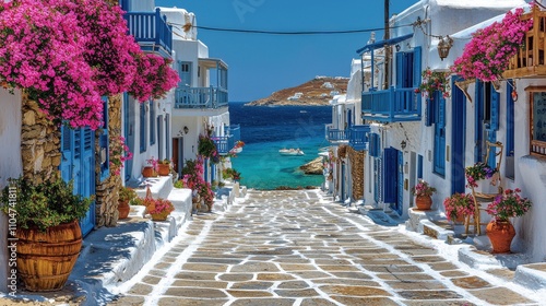Fototapeta Naklejka Na Ścianę i Meble -  Picturesque Greek Island Street Whitewashed Houses Blue Doors Flowers Sea View