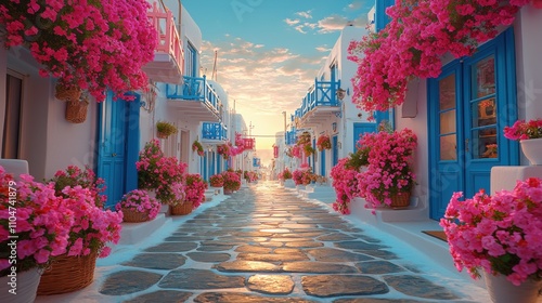 Fototapeta Naklejka Na Ścianę i Meble -  Scenic Greek Island Street Cobblestone Road Whitewashed Houses Pink Flowers Sunrise
