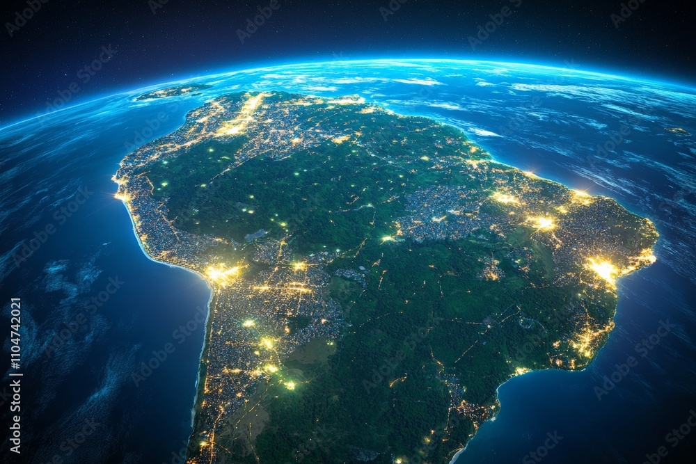 Fototapeta premium The continent of South America is seen from space, its major cities and regions brilliantly lit up, indicating bustling human activity, culture, and development.