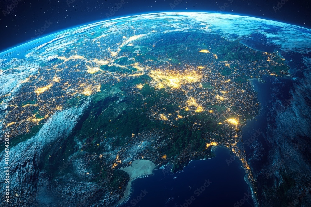 This striking image illustrates North America from space, brightly lit with city lights that reveal its vast expanse and bustling economic and social hubs. This striking image illustrates North America from space, brightly lit with city lights that reveal its vast expanse and bustling economic and social hubs.