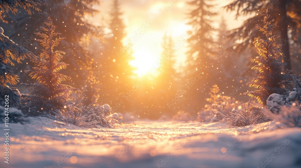 Magical Winter Sunset in Snowy Forest Path