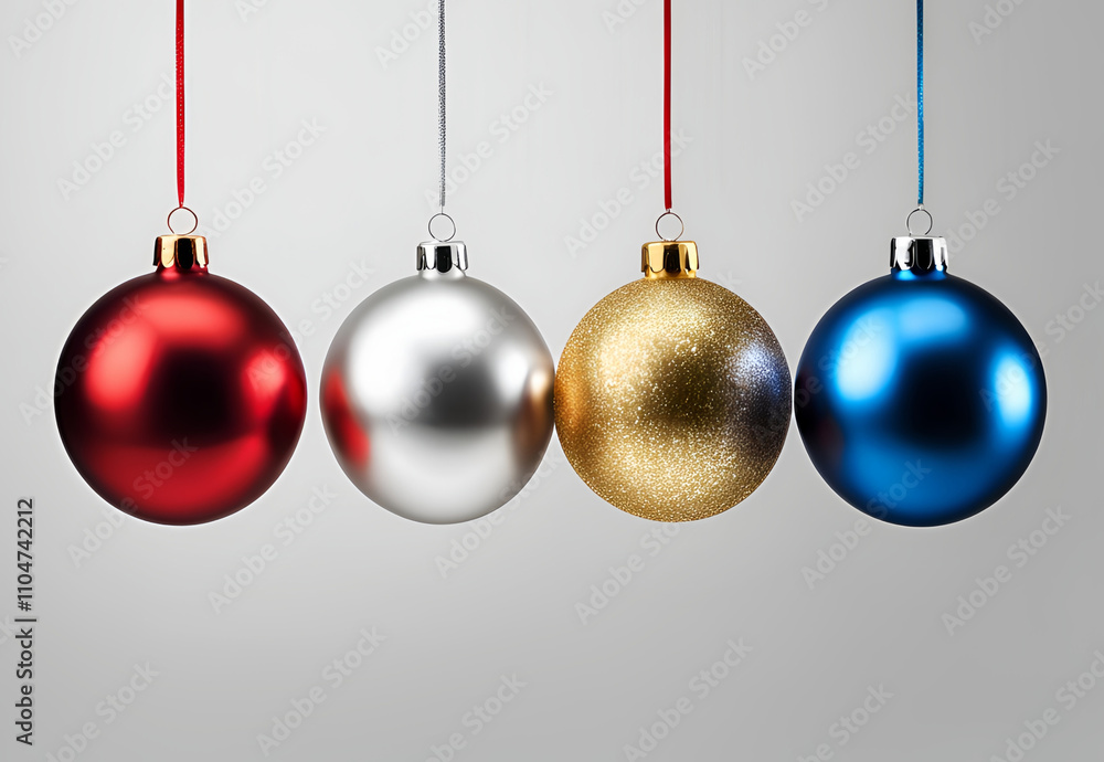 red blue and gold christmas baubles hanging together on white surface red blue and gold christmas baubles hanging together on white surface
