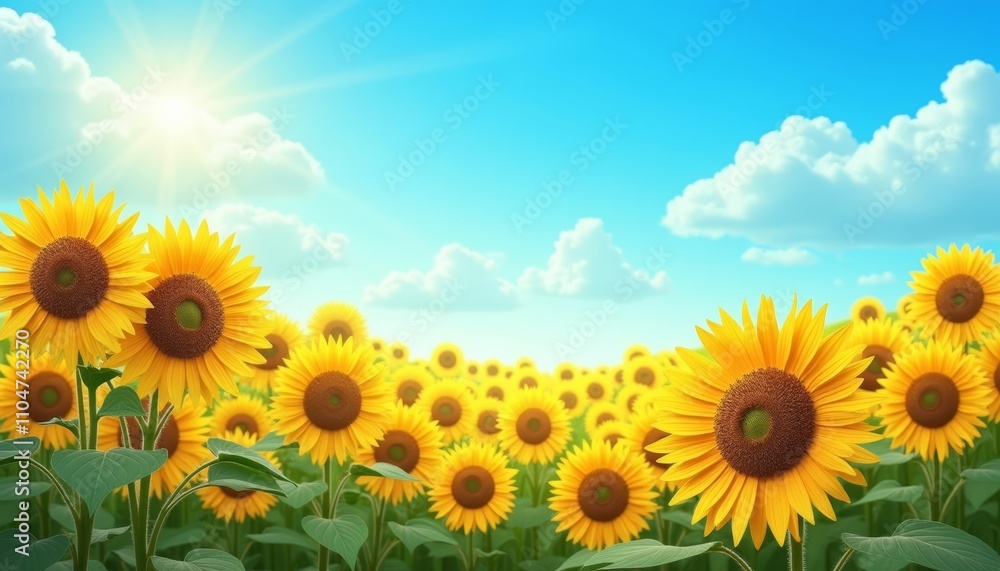 Bright and cheerful sunflower field under a blue sky Bright and cheerful sunflower field under a blue sky