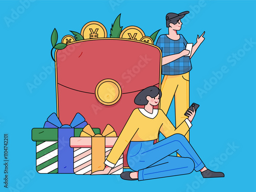 Use red envelopes to attract new customers and promote activity. Flat vector character concept illustration
