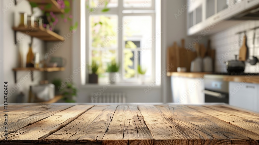 Blurred kitchen room with wooden table top and window in background Blurred kitchen room with wooden table top and window in background