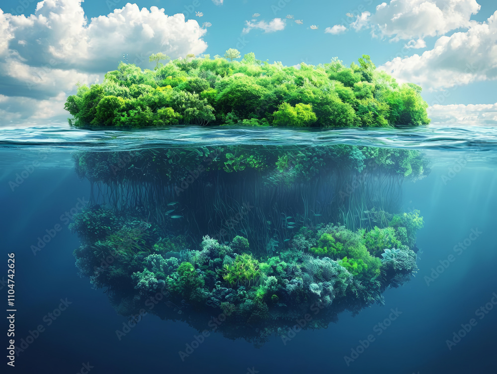 serene floating forest above vibrant underwater ecosystem, showcasing lush greenery and colorful corals. This tranquil scene captures beauty of nature harmony serene floating forest above vibrant underwater ecosystem, showcasing lush greenery and colorful corals. This tranquil scene captures beauty of nature harmony