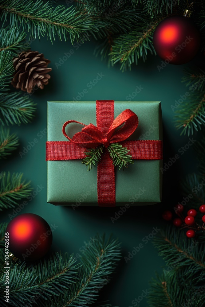 Charming Green Christmas Gift Box with Red Ribbon Surrounded by Pine Branches, Pinecones, and Ornaments for a Festive Holiday Season Charming Green Christmas Gift Box with Red Ribbon Surrounded by Pine Branches, Pinecones, and Ornaments for a Festive Holiday Season
