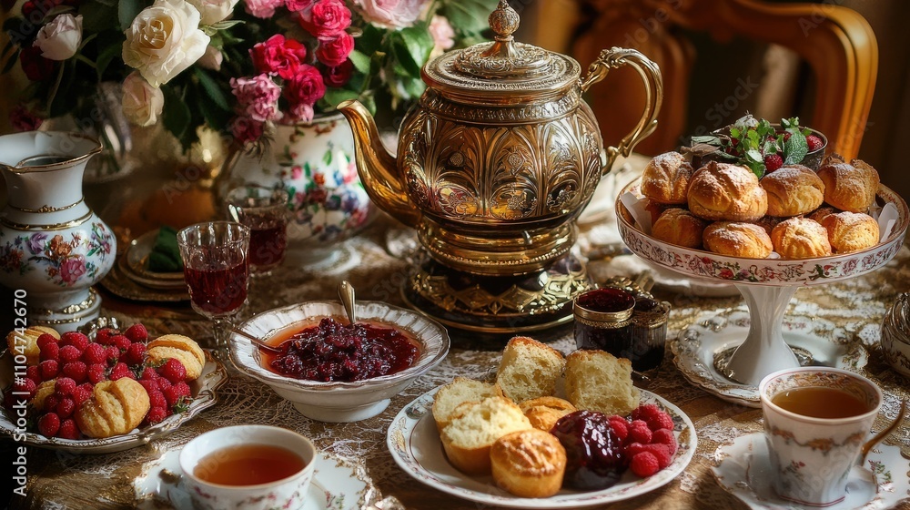 A lavish tea table set with pastries, jams, and a decorative teapot, perfect for social gatherings. A lavish tea table set with pastries, jams, and a decorative teapot, perfect for social gatherings.