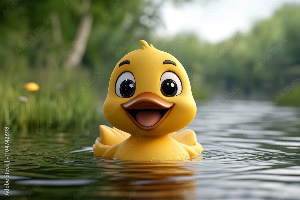 A hyper-realistic rendering of a cartoon duck floating in a pond, with ripples and light reflections blending perfectly with its exaggerated features A hyper-realistic rendering of a cartoon duck floating in a pond, with ripples and light reflections blending perfectly with its exaggerated features