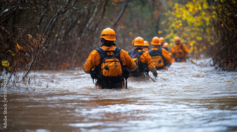 Rescue Teams Wading Through Deep Water Rescue Teams Wading Through Deep Water