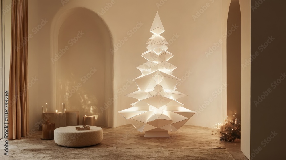 A modern, minimalist Christmas tree with soft lighting in a serene interior setting. A modern, minimalist Christmas tree with soft lighting in a serene interior setting.