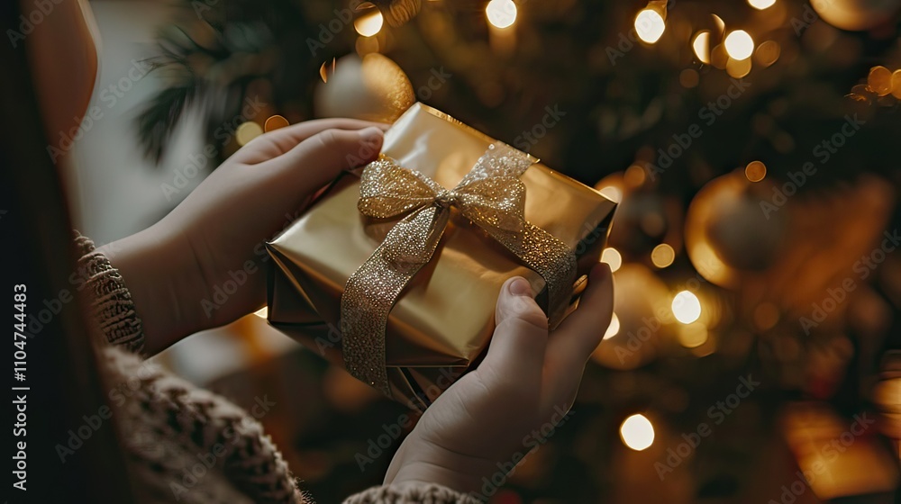 A gift being opened by a child near a Christmas tree. A gift being opened by a child near a Christmas tree.