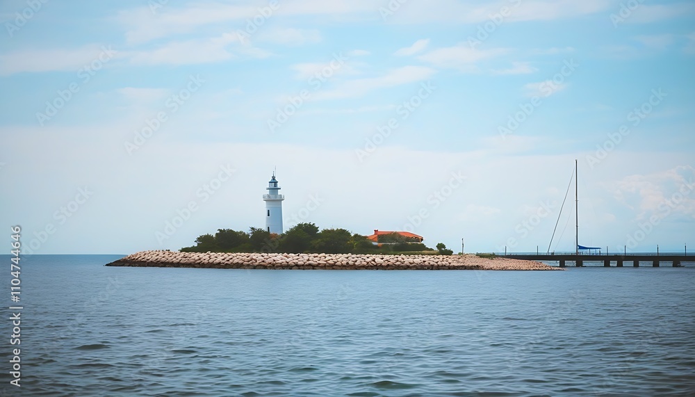 Tranquil Coastline with White Tower and Waterscape Tranquil Coastline with White Tower and Waterscape