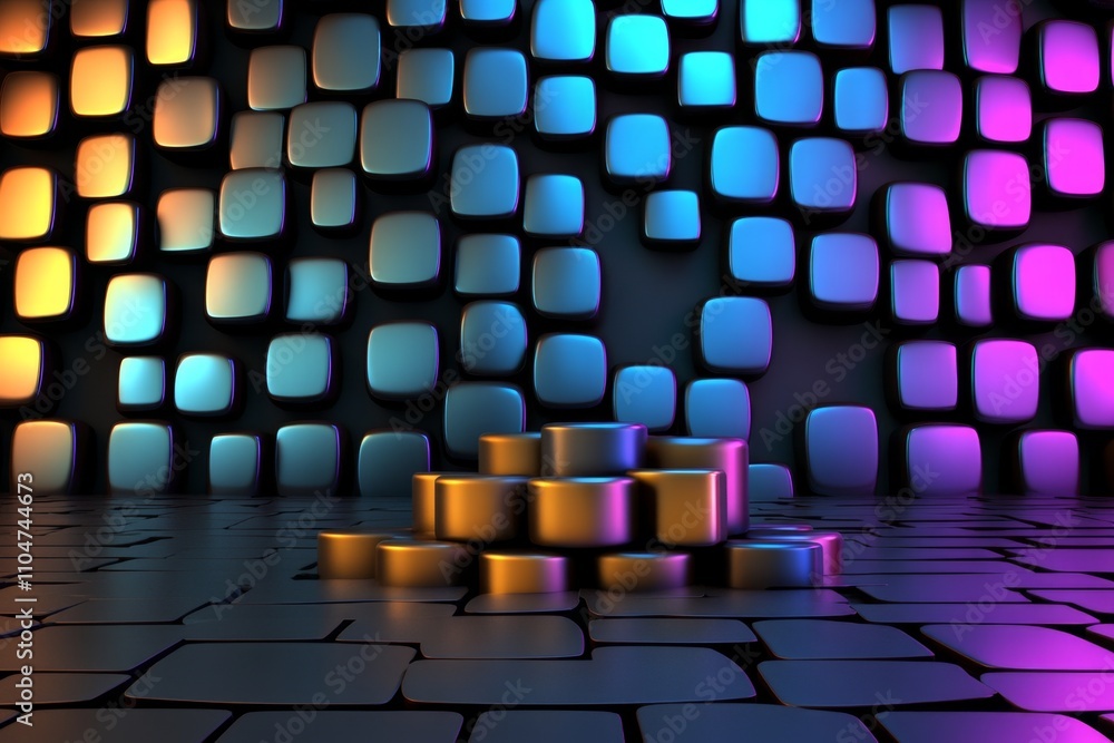 Fototapeta premium A pixel art depiction of bytes as glowing blocks transitioning through a retro-style grid, surrounded by colorful pixelated effects