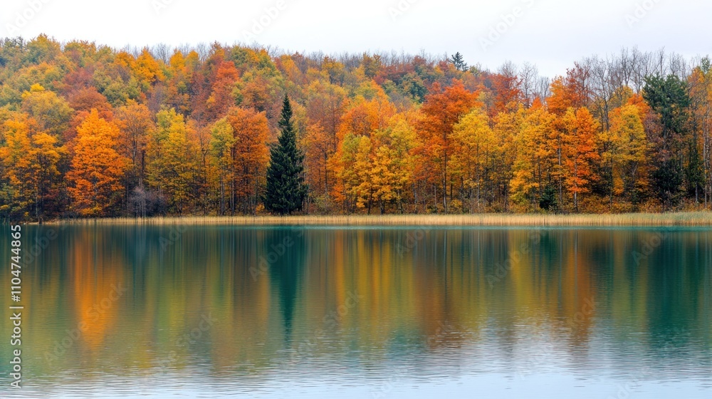 Autumnal lake reflecting colorful trees. Autumnal lake reflecting colorful trees.