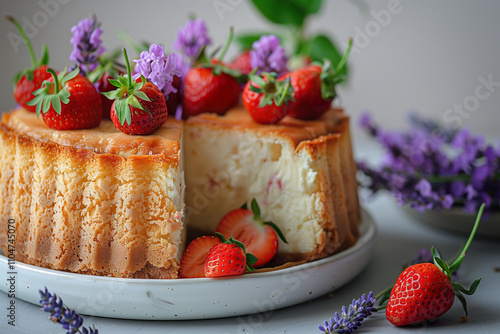 A delicious strawberry cheesecake, adorned with fresh strawberries and sprigs of lavender. photo