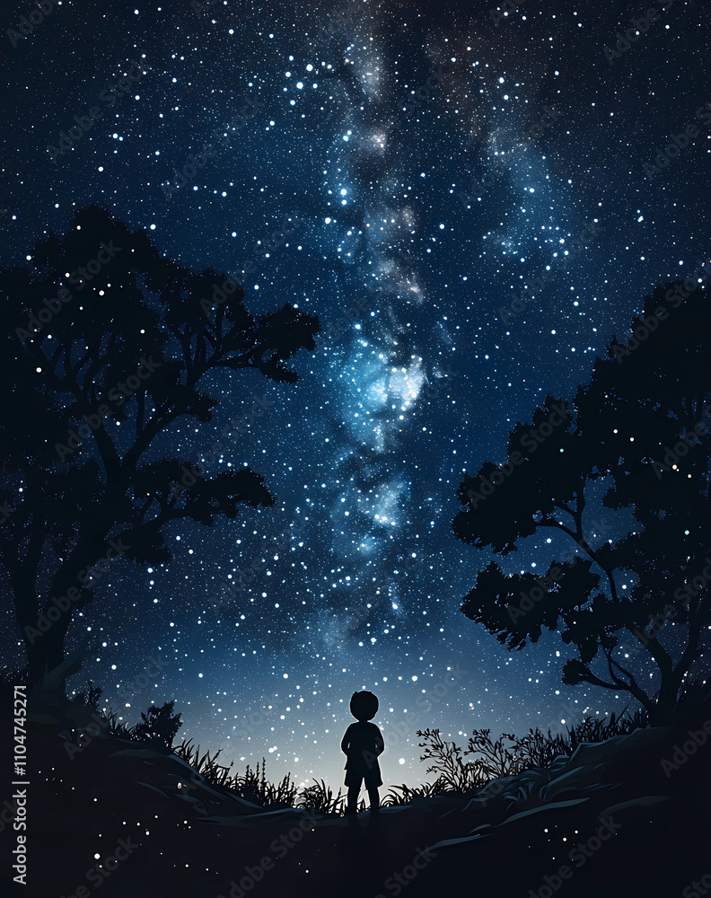 Fototapeta premium A boy stands in a field of grass looking up at the stars