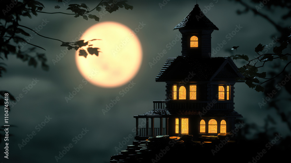 House silhouette with glowing windows under full moon at night House silhouette with glowing windows under full moon at night