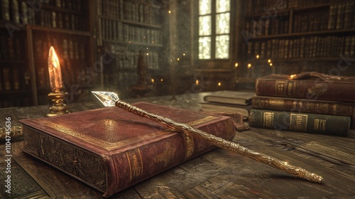 Wallpaper Mural A mystical scene featuring an ornate wand resting on an ancient book in a dimly lit library. Torontodigital.ca