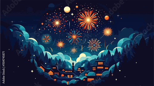 illustration of the night sky filled with fireworks, welcoming the arrival of the new year