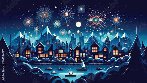 illustration of the night sky filled with fireworks, welcoming the arrival of the new year