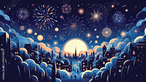 illustration of the night sky filled with fireworks, welcoming the arrival of the new year