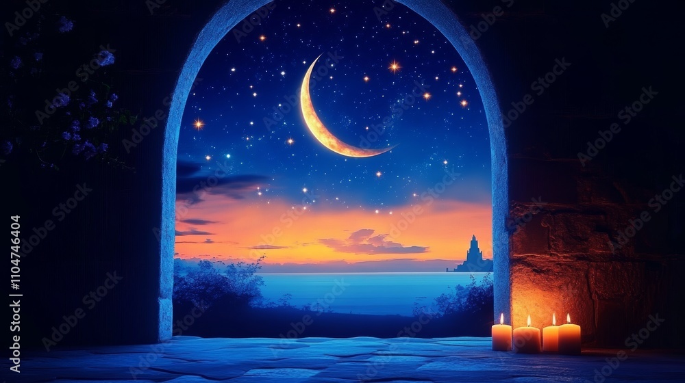 Crescent Moon and Stars in Night Sky Arched Window Digital Artwork Crescent Moon and Stars in Night Sky Arched Window Digital Artwork