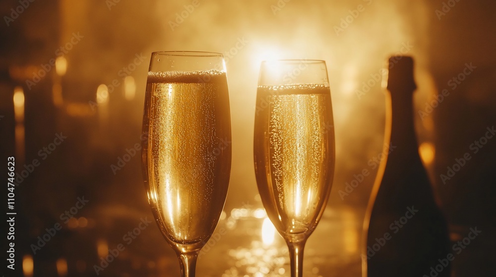 Two champagne flutes filled with sparkling wine, next to a bottle, with warm lighting. Two champagne flutes filled with sparkling wine, next to a bottle, with warm lighting.