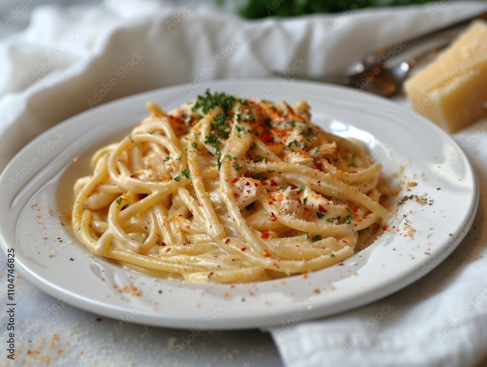 A plate of creamy chicken pasta with parsley, red pepper flakes, and parmesan cheese. A plate of creamy chicken pasta with parsley, red pepper flakes, and parmesan cheese.