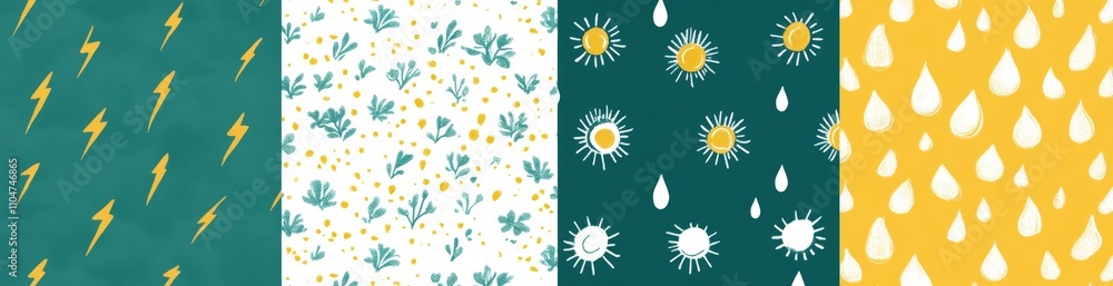 Colorful Patterned Fabric with Sun Lightning Raindrops Flowers Seamless Design for Textile and Wallpaper Colorful Patterned Fabric with Sun Lightning Raindrops Flowers Seamless Design for Textile and Wallpaper