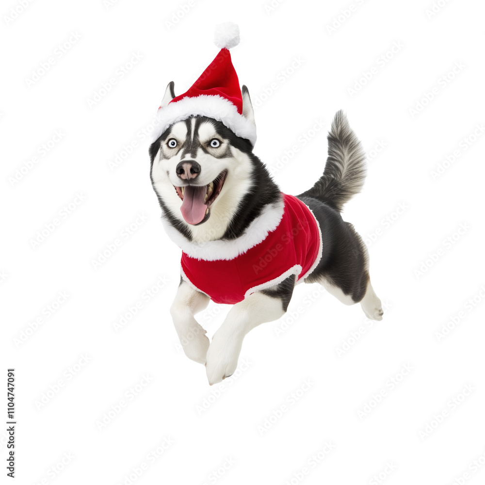 Full body shot of Siberian Husky dog, running happily, smiling. Wearing Christmas costume. Full body shot of Siberian Husky dog, running happily, smiling. Wearing Christmas costume.