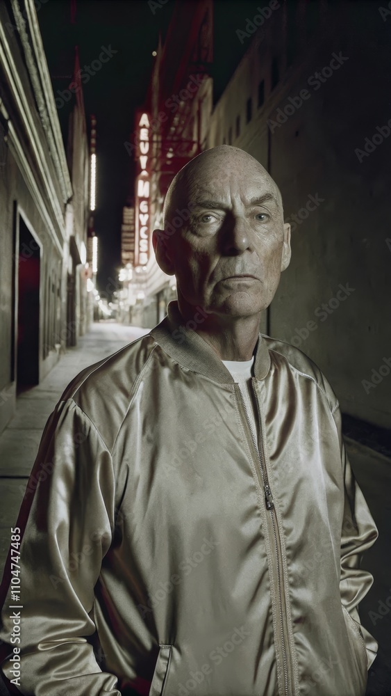 Naklejka premium Elderly man in urban night streetwear with dramatic lighting in alleyway