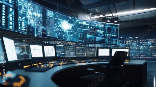 A high-tech smart grid control room  secure facility with real-time monitoring screens  Sustainable style